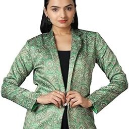 FABCURATE Elegant Paisley Print Satin Blazer for Women in Sea Green. Notched collar, full sleeves, regular fit Polyester Jacket. Perfect for weddings, parties, and casual outings. Easy to style-18