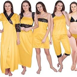 Women's Satin Plain/Solid Nightwear Set Pack of 6-image-29