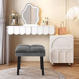 NEUMARK Gray Vanity Stool Ottoman Stool, Square Makeup Stool with Wooden Legs, Small Ottoman Stool Chair for Vanity, Modern Padded Sofa Seat Foot Rest Stool(Gray)-image-6
