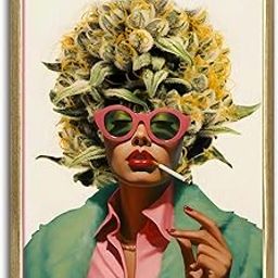 LADECOR Bold Diva Wall Art | Funky Fashion Illustration with Floral Hair & Sunglasses | Modern Pop Art Canvas for Living Room & Cafe Decor | Size 20 x 30 Inch (Golden Floating Frame)-image-17