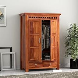 THE HOME HEAVEN INTERIOR Wooden Wardrobe for Clothes | Solid Wood 2-Door Wardrobe & 2 Shelves Storage | Solid Wood Large Cupboard Almirah: Storage Cabinet for Your Living Room (Teak)-image-2
