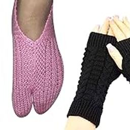 Combo of Hand Knitted Woolen Thumb Socks & Wool Finger cut Gloves for Girls & Women (1 pair Gloves & 1 pair Socks)-image-18