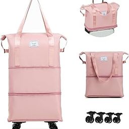 Duffel Trolley Bag for Travel, Rolling Luggage With Wheels, Expandable Foldable Duffle (Pink)-image-3