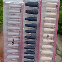 Professional Press-On Nails Set, 12 Pieces Each, Pink Nude Navy Blue and Cream White, Long Coffin Style-image-89