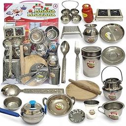 Real Cooking kit for Play Steel Kitchen Set Toys for Kids, Role Playing Kitchen Set of Stainless Steel with Wooden Chakla Belan Set,-image-20