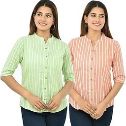 Women/Girls Cotton Stripe Regular Fit Shirts Pack of 2-image-52
