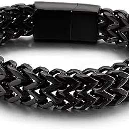 karishma kreations Men's Stainless Steel Braided Double-Layer Cuban Chain Black Bracelet Hip Hop Titanium Steel Magnetic Clasp Bracelet Punk Jewelry-picture-2