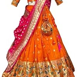 Speciel Outfit Fancy Banarasi Silk(Jacquard) Fabric Zari Weaving Work With Purse (Batwa Style) Semi-Stitched Lehenga Choli For Womens And Girls Orange-18