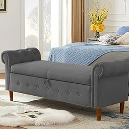TFS Upholstered Flip Top Storage Armrest Bench Ottoman Puffy Settee 2 Seater Sofa Footstool for Livingroom Bedroom Office Hotel Guestroom (Grey) - Sal Wood-image-22