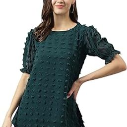 Women's Dobby Pattern Western Georgette Top (Sea Green) Tops for Women, Puff Sleeve Tops-image-27