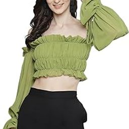 Green Off Shoulder Ruched Crop Top-picture-2