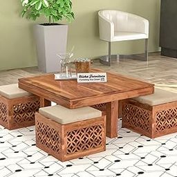 NISHA FURNITURE Solid Wooden Center Table with 4 Stool, Coffee Table with 4 Stool Set, Center Coffee Table for Living Room, Hotel Lounge Office Table, Carved-Natural Teak Finish-image-55