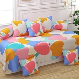 TYLORSTYLE® Soft Glace Cotton Designer Printed Diwan Set, 1 Single Bedsheet, 2 Bolster Covers, 5 Cushion Covers (Multi Heart, Standard) - 8 Piece-image-56