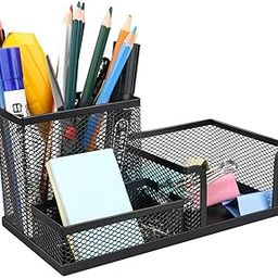 HEATHER 3 Compartment Metal Mesh Desk Organizer | Stationery Pen Stand | Desk Organizer for Home Office Study Table Etc | Stationary Storage Stand Pen Pencil Holder | Black-23
