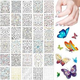 BANIRA Above 2500 Pieces 30 Sheets Butterfly Nail Design Stickers Adhesive Leaf Flower Butterfly Nail Stickers Colorful Decals with Tweezers for Women Girls DIY Nail Decoration, 30 Styles-image-29