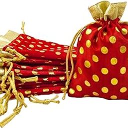 Soul Artisan Potli Bags(Red-Polka Dot) with Golden Border for Women, Return Gifts, Wedding, Baby Shower, Bridal Party, Haldi Functions, Dry Fruit and Jewelry Packaging Size 18X23 cm | Pack of 10-39