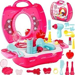 Zest 4 Toyz Beauty Makeup Kit for Doll Girls Cosmetic Set Kit Hair Salon with 22 PCS Makeup Accessories Portable Pretend Play Fashion Set Toy for Kids (Hair Salon -Pink)-3