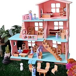 TinyMinyWorld Large Wooden Dollhouse – 3-Story Doll House Playset with Furniture – Montessori Pretend Play & Educational Toy for Kids Ages 3+-image-45