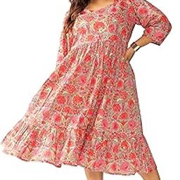 Women's Plus Size Pink Pure Cotton Floral Printed Flared Dress-picture-20