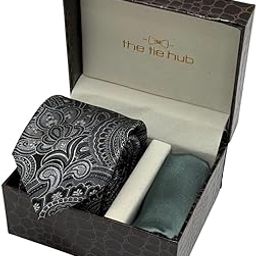 Black Silk Paisley Necktie with Grey Pocket Square Combo for Men-image-69