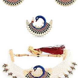 Multicolor Meenakari Peacock Inspired Multistrand Pearls Choker Necklace Earring & Ring Set For Women-ZPFK14436-image-45