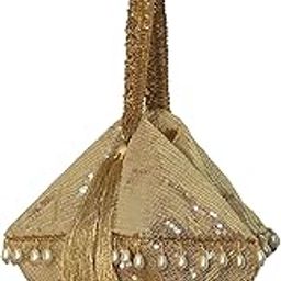 Ethnic Handbags for Women UFO Shape Golden Sequen Potli bags With Golden White Moti Lace Work Strap Handcrafted Purses and Pouch for Ladies-image-61