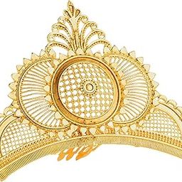 Traditional Wedding Biyer Golden Mukut Tiara for Bengali Bride | Gold Color Plated Bridal Head Crown Hair Accessories for Women & Girls | | Big Size Bada Taj Mutuk for Laddu Gopal, Krishna, Durga Devi Maa God and Goddes Idols-image-42
