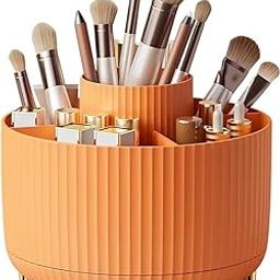 Topinon Makeup Brush Holder Organizer,360° Rotating Makeup Brush Organizer,5 Slot Make up Brushes Cup for Cosmetics, Nail Polish, Art Supply, Bathroom Vanity Desktop Organizer (Orange)-image-111