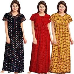 Nighty for Women Cotton Printed Maxi Gown Ankle Length Nighty Black, Red & Yellow - Free Size (Pack of 3)-picture-5