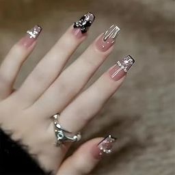 The Pink Truck Artificial Reusable Nails in Black Bow With Crystal Design (Set of 24)-41