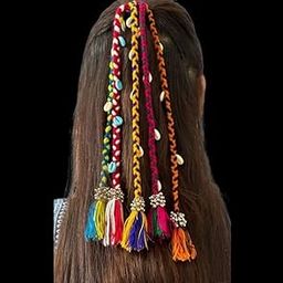HENIRAG Boho Navratri Hair Accessories and Extensions, Colourful Design with Threads, Pack of 1-Rainbow Braids-image-28