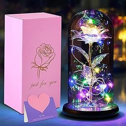 BHAKTVATSAL Plastic Preserved Flowers, Rose Gift Artificial Flower Light Up Rose, Rose in Glass Dome, Personalized Gifts for Mom, Sisters, Friend, Women (Leaf Rose)-image-87