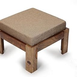 Wooden COONTY Sheesham Wood Ottoman Footstool with Grey Cushion for Living Room Furniture Solid Wooden Square Foot Stool Sitting Chair with Cushion for Bedroom Hallway (Natural Finish)-17