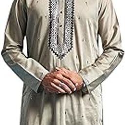 Men's Gray Silk Blend Kurta | Silk Blend Embroidered Secuenced Kurta for Men.-image-8
