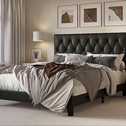 HITHOS Furniture Modern Upholstered Queen Size Platform Bed Without Storage Solid Wooden Double Bed Cot Palang for Living Room Bedroom Home (Black) 3 Year Warranty-image-46