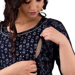 Stylish Women's Pure Cotton All Over Printed Calf Length A-Line Kurti Gown, Maternity Dress, and Feeding Dress Comfortable and Elegant Maternity Wear for Women Dark Blue, XL-image-31