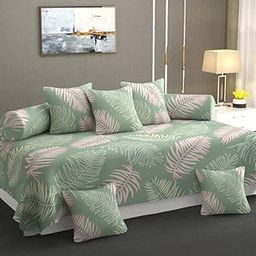 NEW LEAF DiwanSet for Living Room, DiwanSet Covers Glace Cotton, DiwanSet 8 Pieces (1 Single Bedsheet, 5 Cushion Covers, 2 Bolster Covers) (Color-Green & Grey), Standard-18