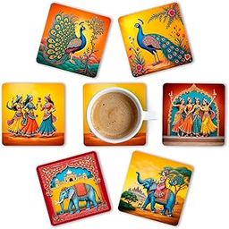 Premium Ethnic Peacock Elephant Rajasthani Square Wooden Coasters, Fit for Tea Cups, Coffee Mugs and Glasses 4 8 12 (3.5X3.5 Inch) Square 11 (Set of 6)-30