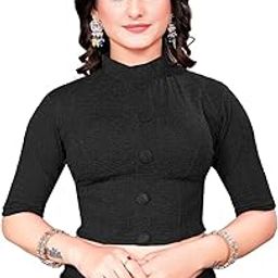 Women's Readymade Saree Blouse | Stretchable Cotton Lycra Dobby Crush Blouse | High Neck Mandarin Collar | Half Sleeve with Button and Zip Closure | Stylish Blause for Casual-image-78