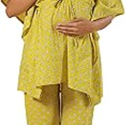 Jaipuri 100% Cotton Maternity Nursing and Feeding Kaftan Night Suit | Center Nursing Zipper | Pre and Post Pregnancy | Color - Lemon Yellow-44