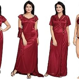 Women's Satin Nighty, Robe, Top, Night Dress - Set of 6/7 (Maroon, Free Size)-image-1