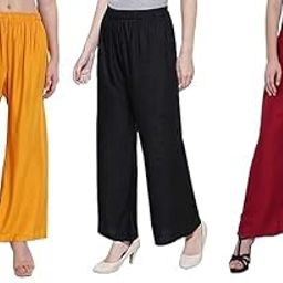 Palazzo for Women | Loose Fit Ethnic Design Palazo Combo | Stylish Latest Bottom Wear Casual Plazo for Girls | Regular Plain | Rayon, Multicolor, Set of 3(Black, Mustard and Maroon)-image-9