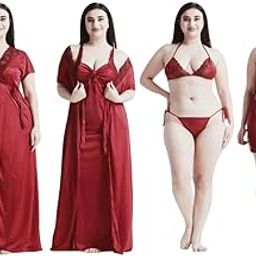 Women's 4-Piece Satin Nightwear Set, Long Robe with Nighty, Shorts and Lingerie, Wine Brown-image-85