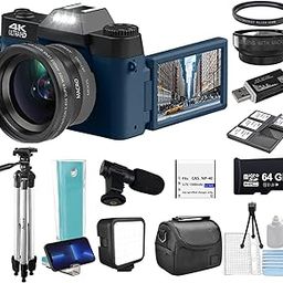 Acuvar 4K 48MP Digital Camera Kit for Photography, Vlogging Camera for YouTube with Flip Screen, WiFi, Wide Angle & Macro Lens, 64GB Micro SD Card, 50" Tripod, Case, Card Reader, Microphone, LED-16