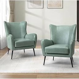 EPIC EVERGREEN ART - Modern Wing Back Chair, High Back Chair Fabric Letherette, Nail Head Trim Design Chair for Living Room, Bedroom, Guestroom, Hallways (Light Green)-image-51