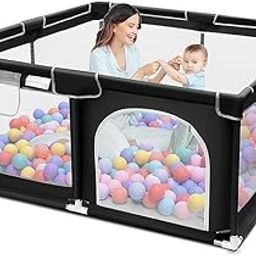 HEVASNEK Baby Playpen with Balls – Portable Play Yard with Mesh Panels for Safety & Visibility, Indoor/Outdoor Toddler Activity Fence for Boys & Girls (Black)-image-36