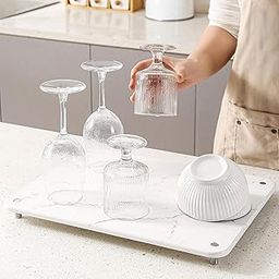 Plentio Stone Drying Mat for Kitchen Counter with Non-Slip Stainless Steel Feet, Quick Drying Diatomaceous Dish Racks for Dishes, Bottles and More, 15.7"(L)×11.8"(W), White-Marble-23