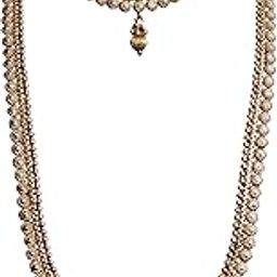 Traditional Gold-Plated One Long One Short Necklace Set with Earrings, Antique Finish, Scalloped Design-image-22