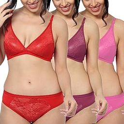 Women Lingerie Set, Pack of 3 Sets, 3 Bras and 3 Panties Set, 34B, Pink Brown Red-image-40