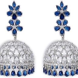 Women Silver Plated Blue American Diamond Studded Jhumki Earrings-image-29